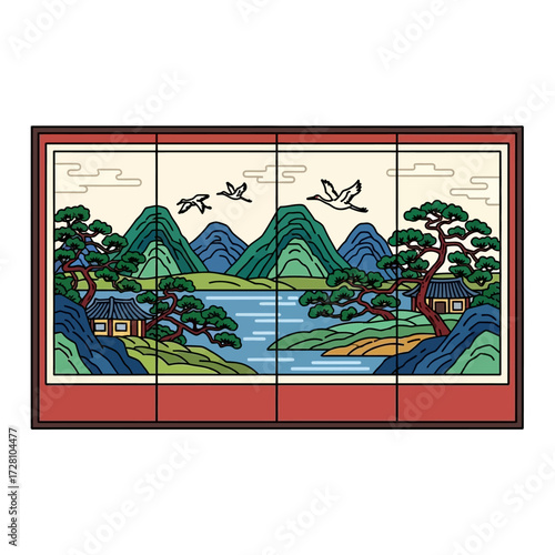 Traditional korean landscape painting on folding screen, depicting mountains, lake, pine trees, traditional houses, and flying cranes, with red border