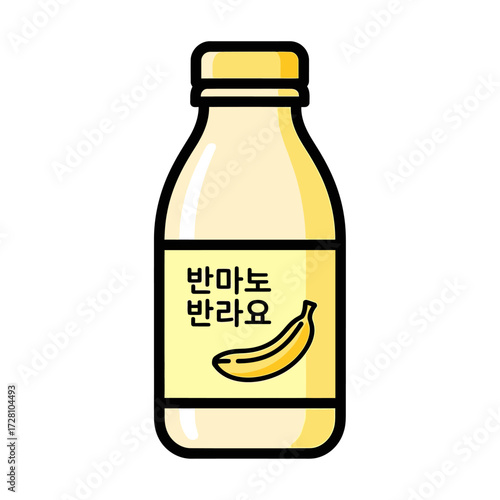 Cartoon bottle banana milk with korean text and banana graphic, isolated on