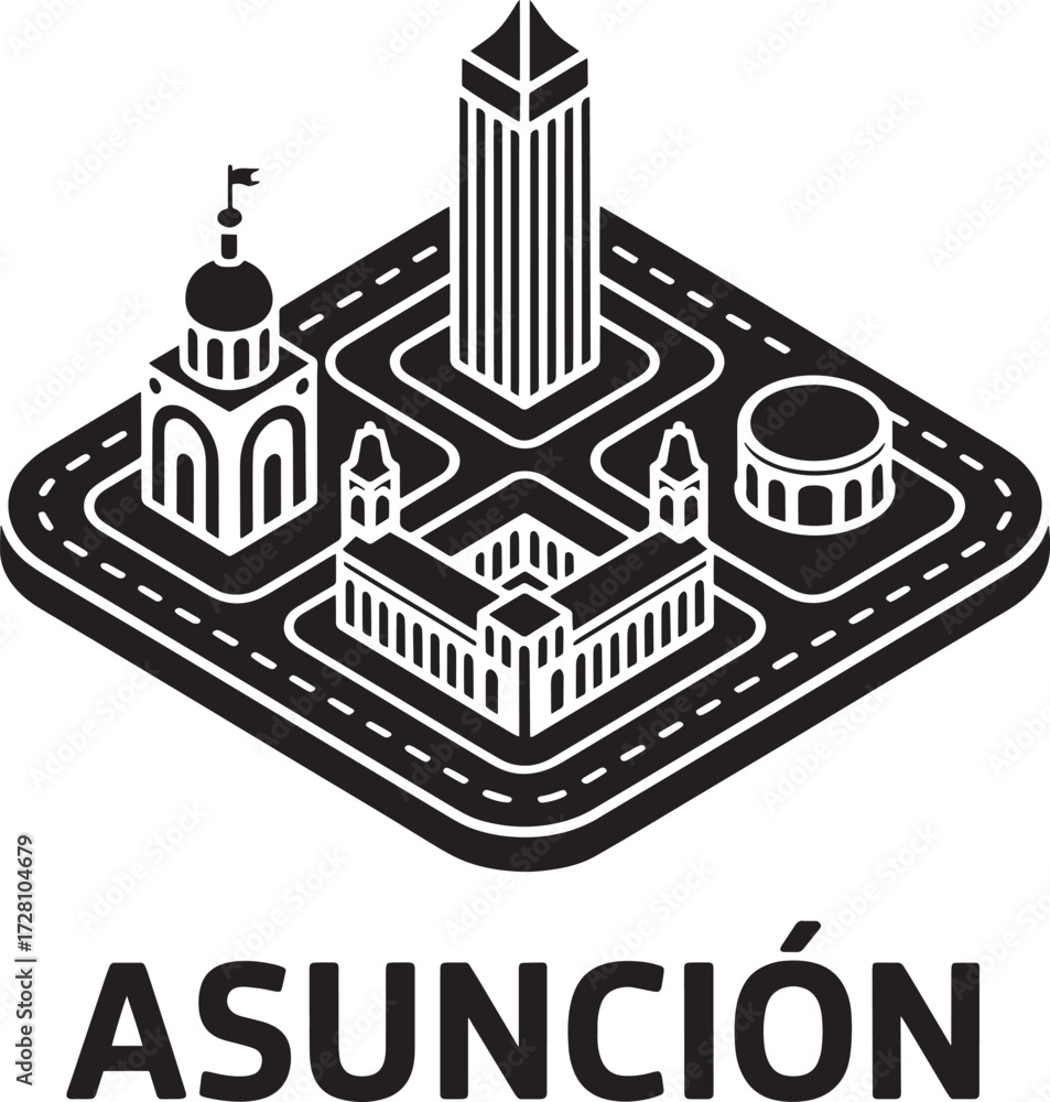 Fototapeta premium Asunción Isometric Cityscape Map with Iconic Buildings and Road Layout Black Grey