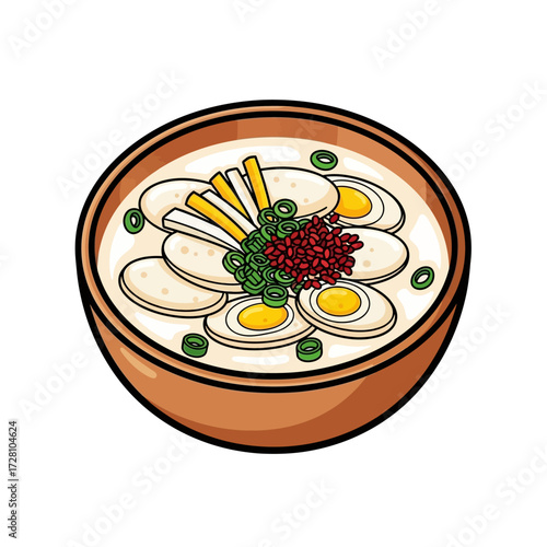 Top view delicious bowl korean tteokguk, traditional soup with rice cakes, egg, and garnish