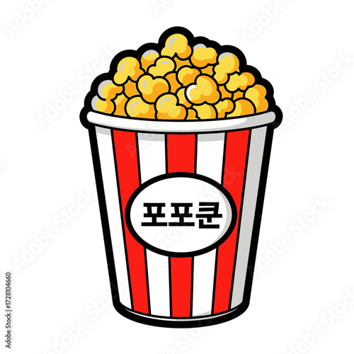 Cartoon red and striped bucket overflowing with golden popcorn, with korean text popcorn on label