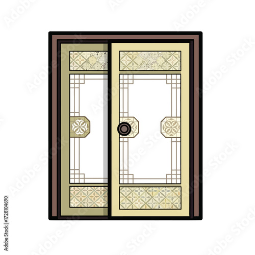 Traditional sliding door with intricate geometric patterns and central knob