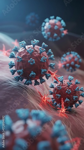 Microscopic virus particles red blue rendering detailed