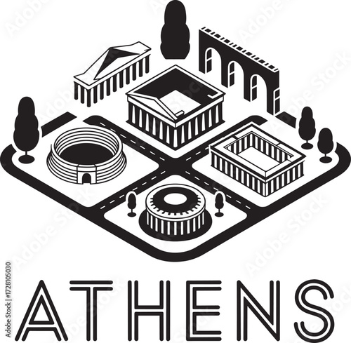 Athens Greece Isometric Map Cityscape with Ancient Landmarks