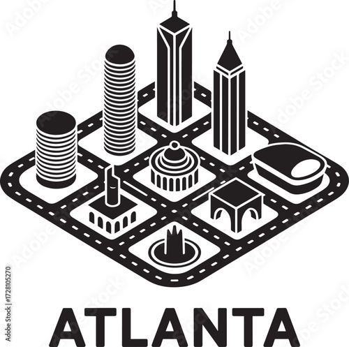 Atlanta Isometric Cityscape Map with Iconic Buildings and Road Layout Black Grey