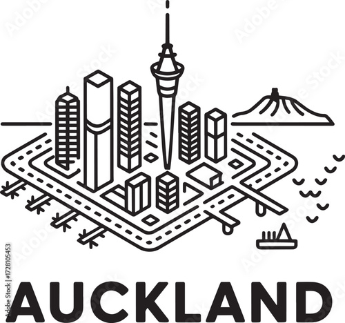 Auckland cityscape with iconic landmarks, New Zealand skyline, travel tourism illustration