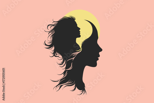 Girl and Woman Silhouette with Inner Profile – Abstract Mind, Brain and Performance Concept Illustration