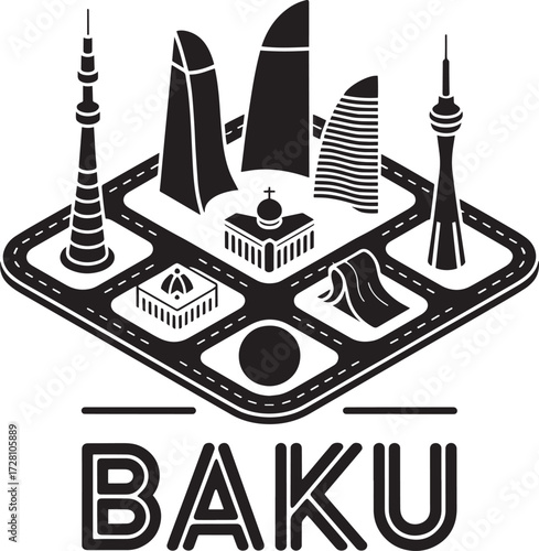 Baku isometric skyline: iconic buildings and landmarks cityscape (Version 1)