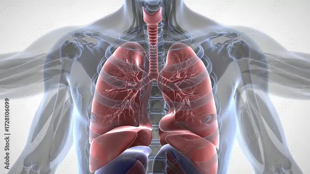 3D animation of human lungs and internal organs within transparent body ...