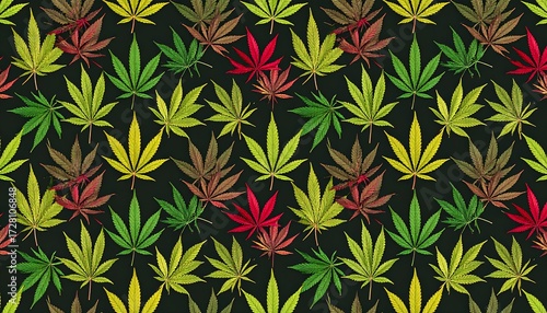 Colorful cannabis leaf pattern on dark background