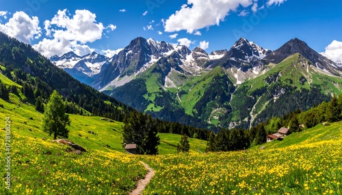 Alpine meadow trail under majestic mountains