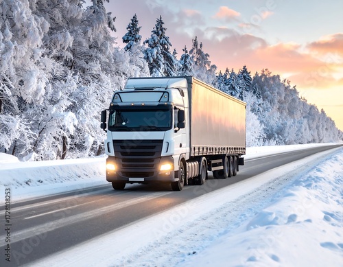 Winter truck on snowy road at sunset