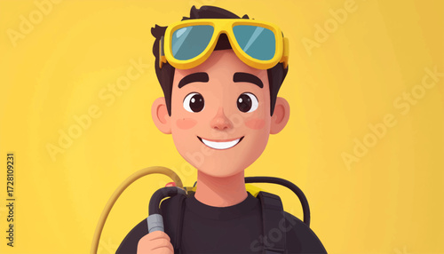 Cheerful Cartoon Diver with Goggles and Smiling Pose on Yellow Background