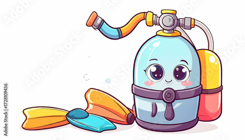 Cute Cartoon Scuba Tank with Fins Underwater Adventure Illustration