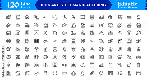 Iron And Steel Manufacturing Essentials – Professional Line Icon Set Featuring Minimal and Pixel-Perfect Industry Symbols for Modern Industrial Applications