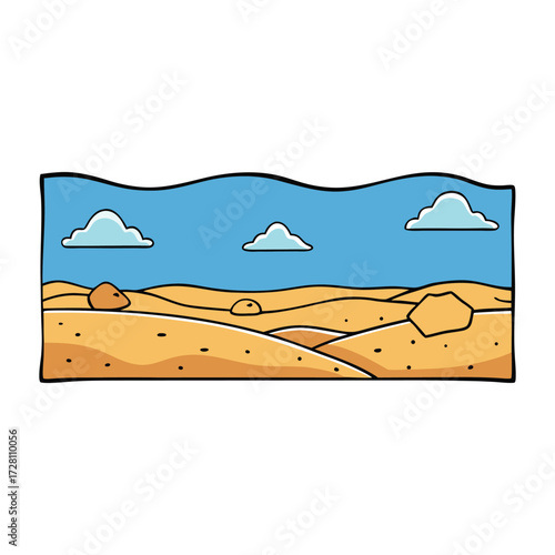 A vast horizon where golden sand meets rugged rocks under an endless sky, capturing nature’s raw beauty and serene, sunlit wilderness in a striking landscape.

