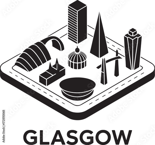 Glasgow city isometric map famous buildings and landmarks vector black and white silhouettes