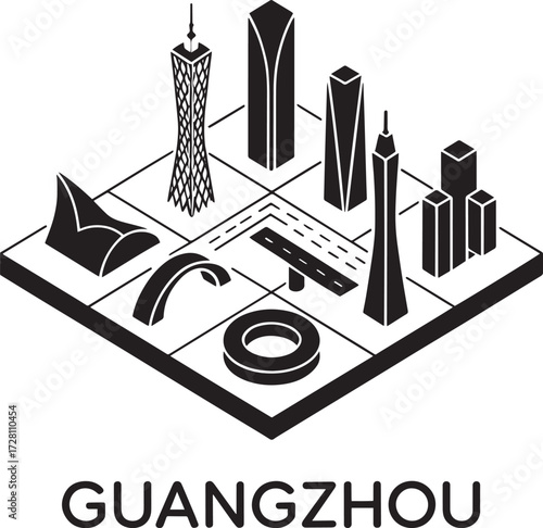 Guangzhou city isometric map silhouette with famous landmark buildings