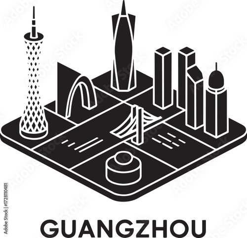 Guangzhou city isometric map silhouette with famous landmark buildings
