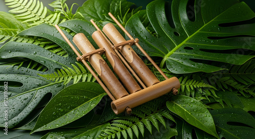Photorealistic angklung with tropical leaves under natural ambient lighting and fine detail