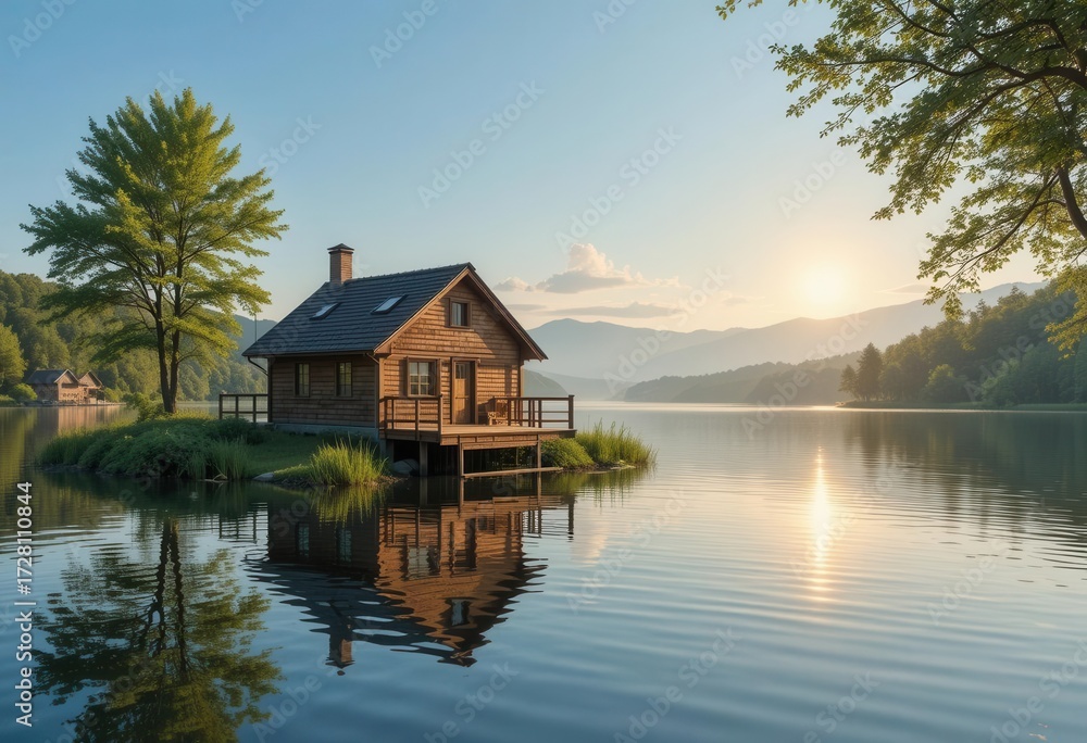 Fototapeta premium A Quaint Wooden House Reflected in the Calm Waters of a Lake