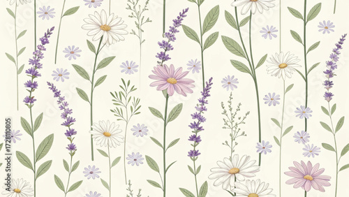 cute seamless pattern of stylized flowers arranged in vertical stripes 