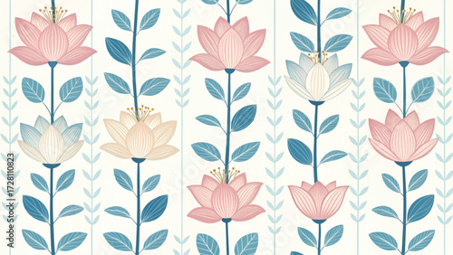 cute seamless pattern of stylized flowers arranged in vertical stripes 
