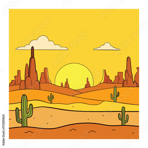 A vast Wild West desert stretches under a blazing yellow sky, with rugged mesas, cacti, and dusty trails capturing the sun-scorched, untamed frontier.
