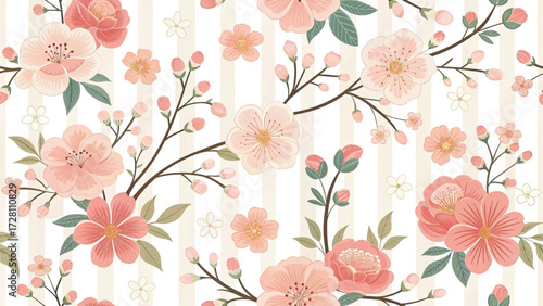 cute seamless pattern of stylized flowers arranged in vertical stripes 