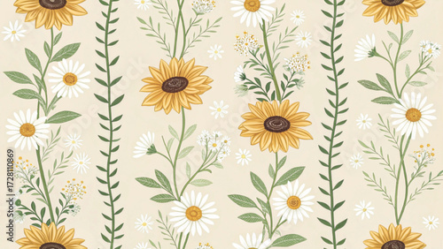 cute seamless pattern of stylized flowers arranged in vertical stripes 