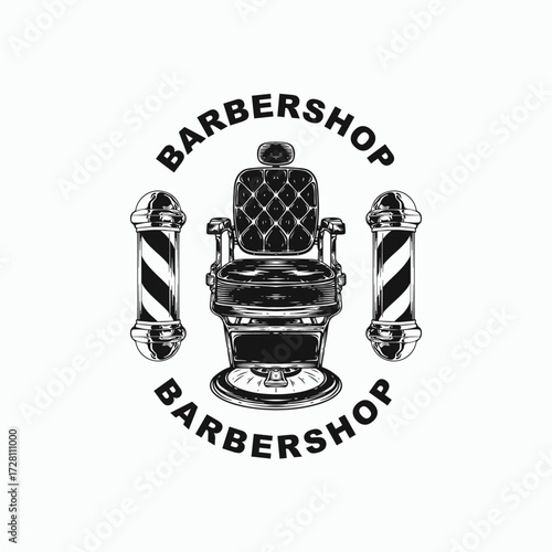 Classic barbershop emblem with vintage chair and traditional barber pole, perfect for branding, logos, or stylish shop decor with a retro feel