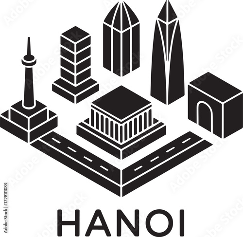 Hanoi city isometric map Vietnam Asia travel landmark building tower icon