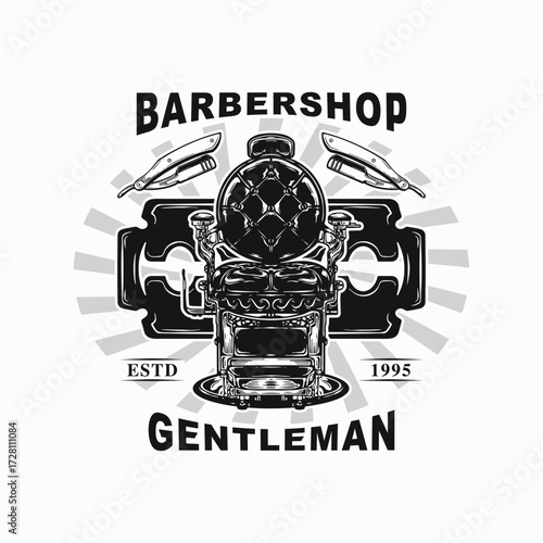 Vintage barbershop logo with classic barber chair, straight razors, and stylish typography, perfect for branding and business use