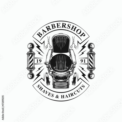Vintage barbershop logo design featuring classic barber chair, shaving tools, and barber pole for retro branding and business