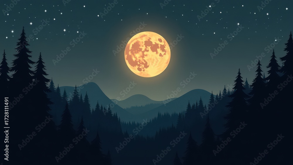 Naklejka premium Full Moon Illuminates Serene Pine Forest Under Starry Night Sky