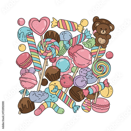 A delightful assortment of colorful sweet treats and candies displayed in a playful arrangement.