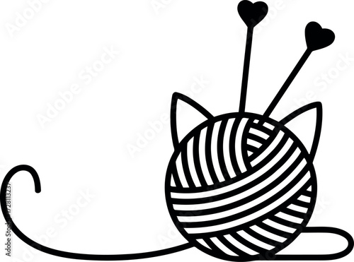 Cute cat yarn ball knitting needles heart tail minimalist vector art vector