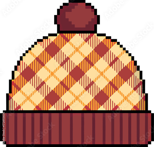 Pixel art plaid beanie hat with pom pom winter fashion accessory vector