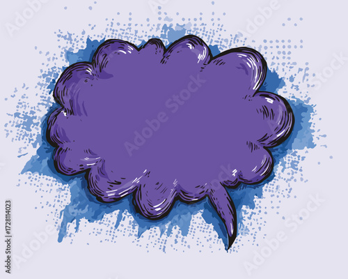 보라색 말풍선이 흩뿌려진 배경 위에 겹쳐져 있어 생각이나 아이디어를 표현하는 추상적인 디자인입니다.