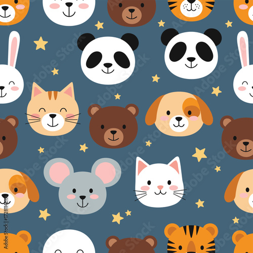 Adorable cartoon animal faces with stars on a dark blue background.