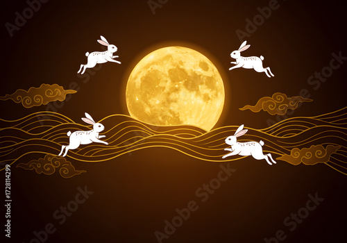 Mid-Autumn Festival Illustration Moon, Rabbits, Clouds, Waves, Golden, Holiday, Celebration.
