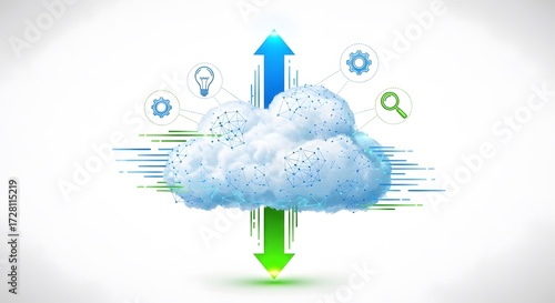 A cloud computing concept with data transfer arrows