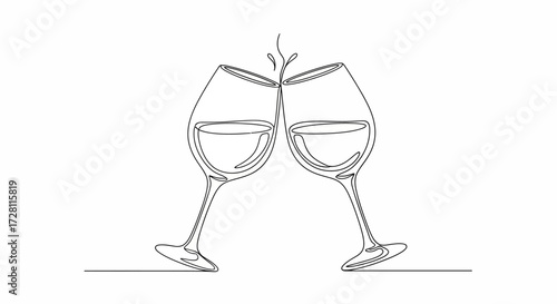Elegant continuous line drawing showcases celebratory wine glasses clinking together