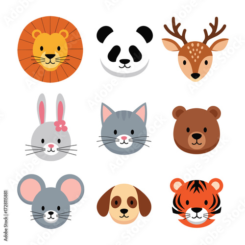 A collection of adorable cartoon animal faces including a lion panda deer rabbit cat bear mouse dog and tiger.
