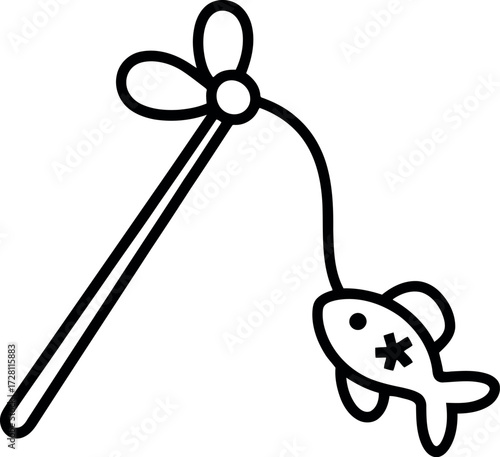 Whimsical hand-drawn cat toy wand with fish pendant and flower charm vector