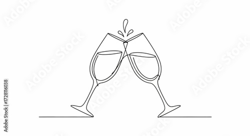 Elegant monochrome line drawing of two champagne glasses toasting, a minimalist celebratory