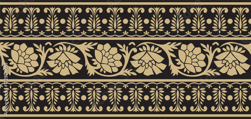 Vector seamless gold and black Indian national ornament. Ethnic endless plant border. Flowers frame. Poppies and leaves.