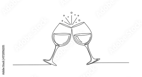 Elegant single line drawing featuring clinking wine glasses celebrating joyful moments or special
