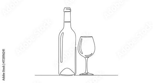 Elegant single line drawing of wine bottle and glass against white background