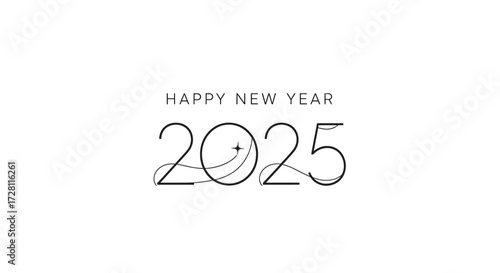 Elegantly Minimalist Happy New Year 2025 Design with Celestial Orbit and Comet Trail Theme